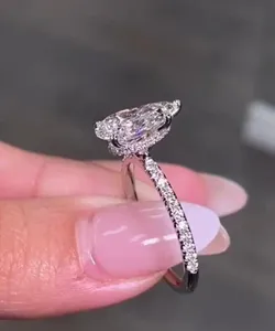 Bague de fiançailles pour femme avec halo caché, 3 carats, taille poire, or blanc 14K, sertie pavé, ornementée de pierres de laboratoire, cadeau d'anniversaire - Product Image 2