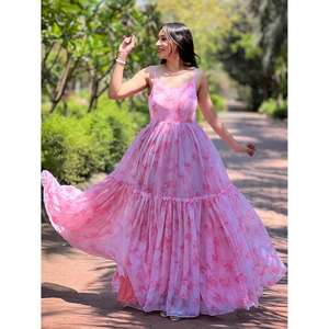 Robe longue en mousseline de soie rose à fleurs pour femme, col carré, sans manches, bretelles spaghetti, robe d'été - Product Image 2