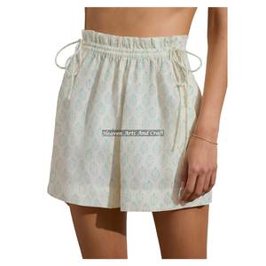 Pantalones Cortos de Verano Hechos a Mano para Mujer, con Estampado Bagru, de Algodón, con Cordón Ajustable, para el Fin de Semana o la Playa - Product Image 4