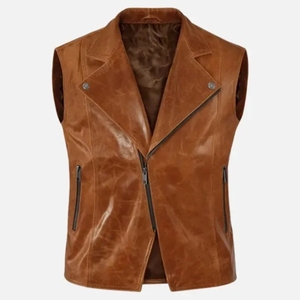 Chaleco de Motocicleta de Cuero Genuino Color Bronceado para Hombre, Diseño con Solapa y Cremallera Diagonal, Sin Mangas, de Piel de Vaca, Servicio OEM, Transpirable - Product Image 1