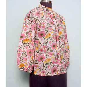 Hauts d'extérieur pour femmes - Design floral vintage coréen 100% coton écologique respirant à manches bouffantes col en V moderne toutes saisons - Product Image 4