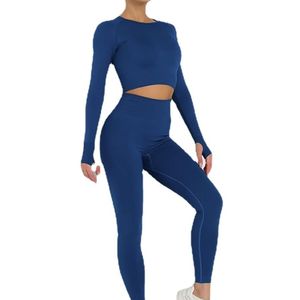 Conjunto Deportivo de 2 Piezas, Top de Manga Larga sin Costuras, Cintura Alta, Ropa Deportiva de Compresión, Azul Marino - Product Image 1