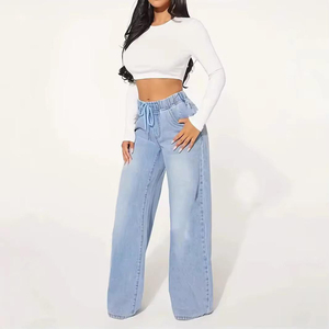 Jeans en denim à jambe droite pour femmes de haute qualité, pantalon décontracté à jambes larges avec design cargo noir, de haute qualité pour femmes - Product Image 5