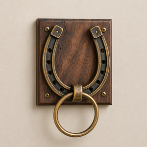 Porte-serviettes élégant inspiré de l'équitation, en forme de fer à cheval, avec un design décoratif en fer à cheval, finition métallique dorée antique - Product Image 1