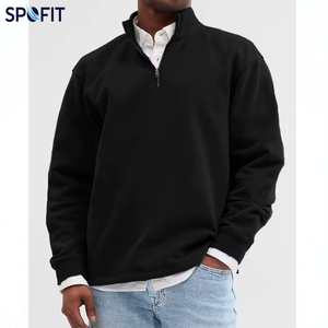 New Autumn Men's Solid Terry Quarter-<b>Zip</b> Stand Collar Embroidered 100% Cotton Oversized Breathable Casual Sportswear Pullover - Product Image 6