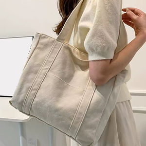 Large Capacity Natural Cotton Canvas <b>Tote</b> <b>Bag</b> Women Heavy Duty Shoulder Handbag For Grocery Shopping Travel Daily <b>School</b> Use - Product Image 1