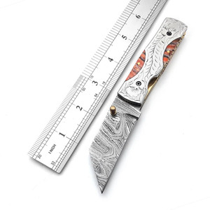 Couteau pliant en acier Damas avec gravure sur le dos, manche en résine orange, couteau de poche pour la chasse et le camping, fabricant - Product Image 2