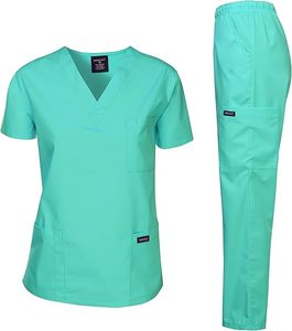 Conjunto de uniforme médico verde menta para mujer, top con cuello en V y pantalones, poliéster y algodón tejido. - Product Image 1
