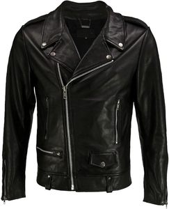 Veste moto en cuir véritable noir pour homme, coupe ajustée, fermeture éclair, col rabattu, manches classiques, couleur unie, style automne - Product Image 1
