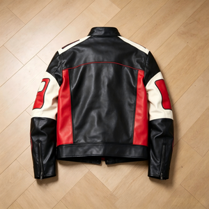 Blouson de moto OEM pour homme en similicuir imperméable, style course, personnalisable avec broderie, fermeture éclair intégrale, multiples patchs sur les manches, streetwear avant. - Product Image 2