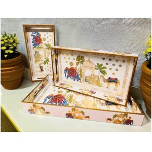 Plateau de service en bois de luxe bohème avec poignées, design rectangulaire léger, motif paysager pour table à manger, décoration de mariage - Product Image 3