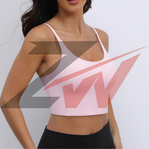 Custom Logo <b>Light</b> <b>Pink</b> Longline Sports Bra Women Spaghetti Strap Padded Yoga Fitness <b>Crop</b> <b>Top</b> Activewear OEM - Product Image 2