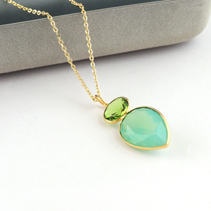 Double gemstone necklace green opalite & peridot quartz briolette pendant 18k gold plated brass <b>cable</b> chain jewelry for Supplies - Product Image 3