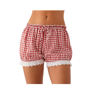 Shorts de Algodón Sólido de Cintura Alta para Mujer con Ribete de Encaje, Cierre con Cordón, Ajuste Holgado, Transpirables y de Alta Calidad - Product Image 1