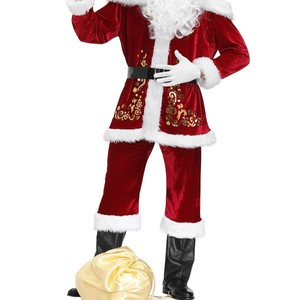 Costume de Père Noël pour homme en tissu doux, velours rouge avec broderie dorée, qualité supérieure abordable, facile à porter. - Product Image 1