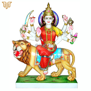 Colorful Marble Durga Maa Statue on Lion | Hand Painted Durga Mata Murti with Eight Arms by MALIYAS Jaipur - Product Image 2