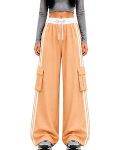 Pantalon cargo ample pour femme, couleur beige pêche, avec bandes latérales blanches, taille haute, coupe décontractée, style streetwear, personnalisable par le fabricant - Product Image 1
