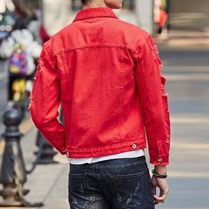 Veste en jean rouge pour homme, décontractée, boutonnée, couleur unie, déchirée, effet usé, coupe classique, automne, lavable, 100% coton, coupe-vent - Product Image 6