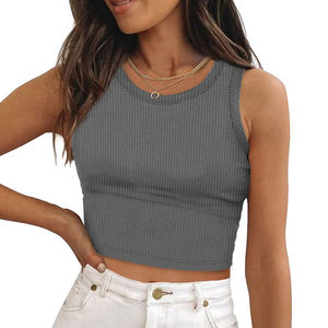 Top Corto Casual Básico sin Mangas para Mujer, Cuello Alto, Tejido de Algodón Acanalado, Venta al Por Mayor - Product Image 1