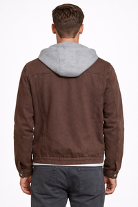 Veste en jean marron à capuche pour homme de qualité supérieure, style décontracté d'inspiration vintage avec doublure douce grise, lisse et durable - Product Image 3