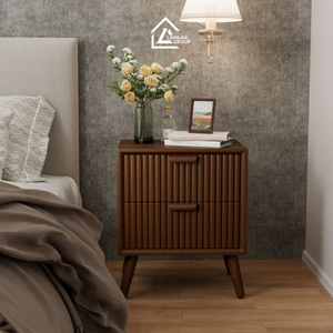 Table de chevet en bois cannelé avec 2 tiroirs |   Table de chevet moderne pour chambre à coucher et hôtel - Product Image 4