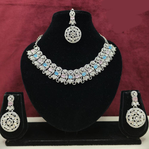 JeweleMarket Silver Plated Ad <b>Blue</b> Pink Stone <b>Necklace</b> Set Indian Traditional Bridal Jewellery Set Earrings Maang Tikka - Product Image 1