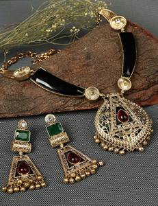 เครื่องประดับเงินออกซิไดซ์แบบชนเผ่า ชุบทอง ประดับด้วยหินสีแดงและสีเขียว สร้อยคอ ต่างหู ดีไซน์โบโฮสไตล์ชาติพันธุ์ ของขวัญสำหรับเธอ - Product Image 3