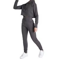 Ensemble deux pièces décontracté pour femme : Sweat-shirt court gris anthracite à quart de zip et pantalon de survêtement large avec poches - Product Image 3