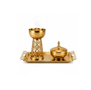 Golden Brass Incense <b>Burner</b> Set with Lid and Candle Holder Hand-Made Religious Use Arabic Style All-Season - Product Image 2