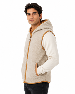 Chaleco con capucha de forro polar Sherpa para hombre, cálido, sin mangas, con cremallera frontal, ropa exterior de invierno, suave, de felpa, color bronceado, con ribete en contraste, informal, liso. - Product Image 2
