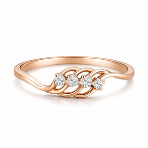 Bague en or rose 14 carats avec diamant rond et pavé multi-pierres, design vague, pour femme, élégante, alliance de mariage, cadeau, bijoux fins - Product Image 1