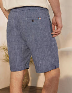 Shorts Bermuda en Lin et Coton Bleu pour Homme, Taille Mi-Haute avec Cordon de Serrage, Style Décontracté, Couleur Unie, Tissu Respirant - Product Image 4