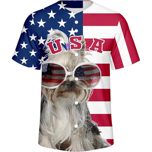 Camiseta de manga corta con cuello redondo y estampado de perro Yorkie con bandera de EE. UU., unisex, para adultos, transpirable, de poliéster, con estampado completo, corte regular - Product Image 1