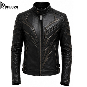 <b>Men</b> Vintage Brown Motorcycle <b>Leather</b> <b>Jacket</b> with Stand Up Snap Collar, Quilted Shoulder Panels, Zipper Chest Pocket & Tailored - Product Image 1