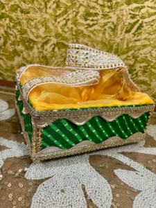 Handcrafted Green Fabric Jewellery and Pooja <b>Box</b> with Golden Zari Lace and Organza Lining is a charming blend of traditional - Product Image 3