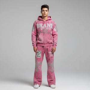 Survêtement Y2K rose tendance pour homme, en molleton épais délavé à l'acide, écoresponsable, avec sweat à capuche zippé et pantalon large, détails en strass - Product Image 5