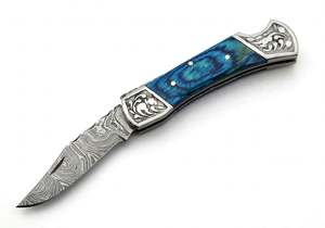 Herramienta Plegable de Acero de Damasco para Exteriores, de Alta Resistencia, con Mango de Madera Azul - Product Image 3