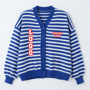 Wholesale <b>Custom</b> Blue White Striped Sorority Cardigan Sweater Women V Neck Button Up Knitted Long Sleeve Embroidered Logo Preppy - Product Image 1