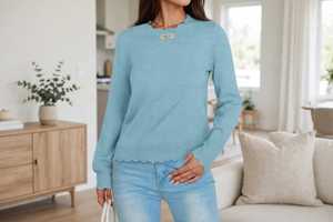ONETEN Suéter de punto de manga larga con cuello redondo azul claro para mujer, jersey informal de otoño - Product Image 1