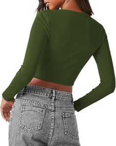 Ropa de temporada fresca, camiseta corta de manga larga para mujer, corte ajustado, cuello redondo, con tela transpirable de secado rápido, top de moda urbana. - Product Image 1