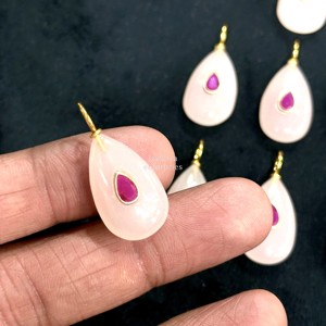 Natural <b>Rose</b> Quartz Pear Gemstone Pendant Stone Inlay Gold Plated 925 Sterling Silver Minimalist <b>Top</b> Trending Stone Charms 18mm - Product Image 2