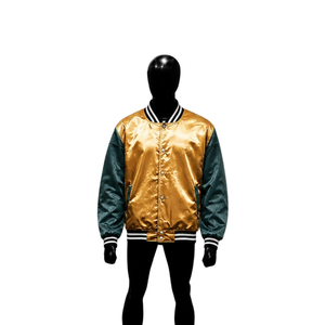Chaqueta Varsity Personalizada en Satén Dorado y Verde Azulado Oscuro, Chaqueta Bomber de Béisbol Brillante Premium con Mangas en Contraste y Rayas Blancas y Negras - Product Image 1