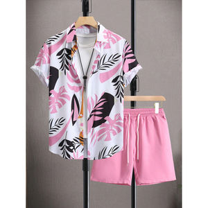 Chemise boutonnée à manches courtes pour hommes, rose et blanc, à motifs de feuilles tropicales, ensemble 2 pièces avec short assorti, tenue de plage hawaïenne décontractée - Product Image 4