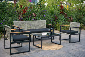 Outdoor Wicker Sofa Set with <b>Black</b> Cushions and Glass Coffee <b>Table</b> for <b>Garden</b> Patio Seating - Product Image 3