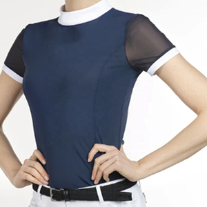 Camisa de equitación para mujer, corte ajustado, que absorbe la humedad, manga corta, color azul marino sólido con ribete blanco - Product Image 1