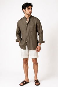 Chemise décontractée pour homme en lin, col montant, vert olive, manches longues, coupe ample, respirante, pour l'été et la plage, taille 3XL - Product Image 1