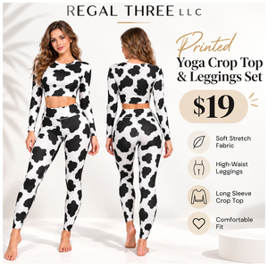 Regal Three LLC Women Cow Print <b>Long</b> <b>Sleeve</b> Crop <b>Top</b> High Waist Leggings 2 Piece Yoga Set Polyester Quick Dry <b>Gym</b> Fitness Set - Product Image 1