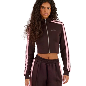 Womens Cropped Full <b>Zip</b> Hoodie Tracksuit Set <b>Side</b> Stripe Wide Leg <b>Trousers</b> Drawstring Waist Two Piece Casual Street Style Outfit - Product Image 3