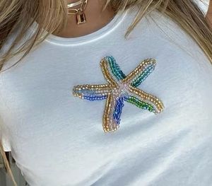Peach Hibiscus Flower Beaded Embroidery Ribbed Cotton Tank Top Women Summer Sleeveless Crop <b>Shirt</b> Volume Producer - Product Image 2