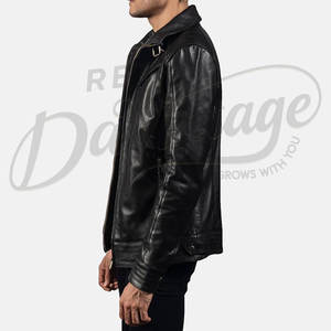 Blouson de motard en cuir noir pour homme, coupe ajustée, en véritable peau de mouton, automne-hiver, décontracté, col réglable, vêtement d'extérieur - Product Image 3